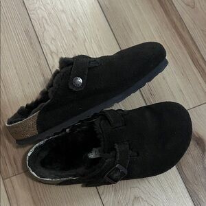 Brown Suede Shearling-Lined Birkenstock Slip-On Clogs